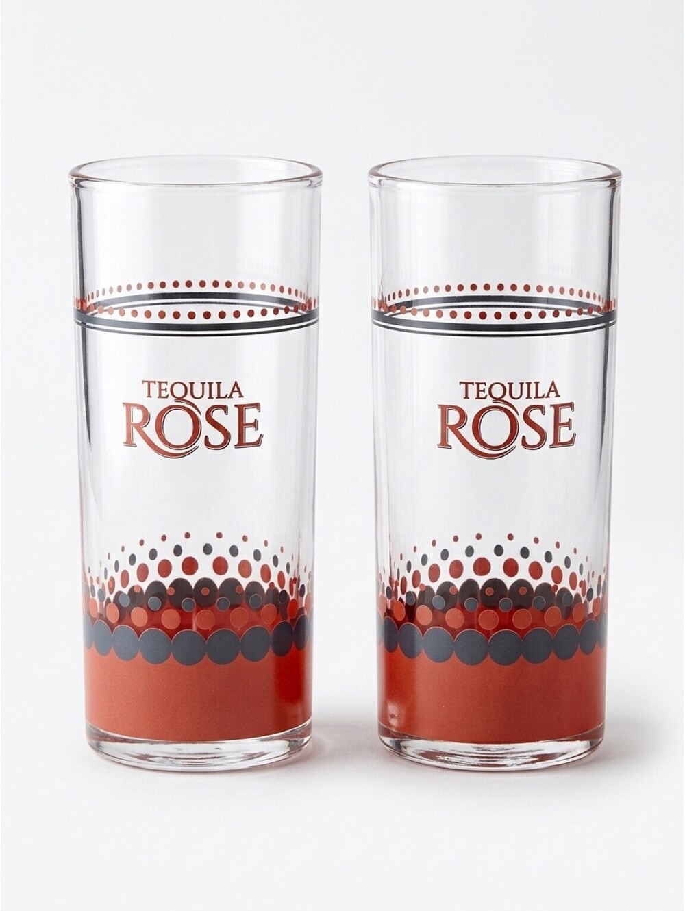 Tequila Rose Tall Shot Glasses Set of 2 Pink Black Dot Barware 3.75"